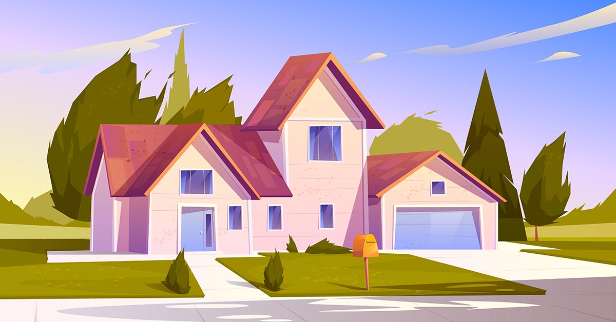 Illustration: ein Einfamilienhaus an einer Straße mit Vorgarten, im Hintergrund Bäume und einen blauen Himmel in Abenddämmerung | Erbimmobilie